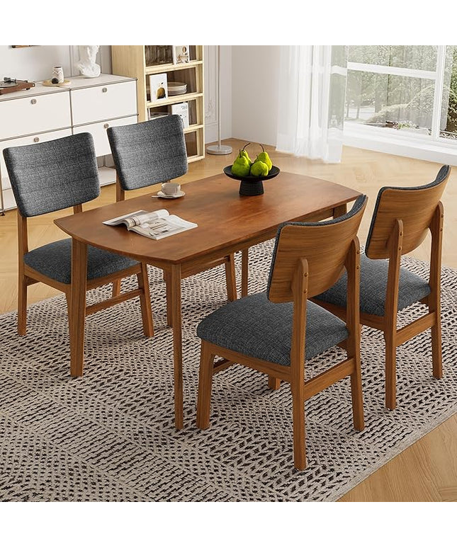5-Piece Wooden Dining Set Mid-Century Modern Dinner Table and 4 Upholstered Chairs Rectangular Table with Chairs Set Rubberwood Legs Linen Padded Seat & Backrest for Dining Room Kitchen Apartment