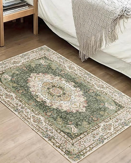 Small Rugs 2x3,Green Rug for Entryway Bathroom Bedroom Kitchen Entrance Doormat,Boho Vintage Bohemian Distressed Washable Accent Floor Throw Carpet Non Slip,Floral