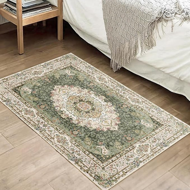 Small Rugs 2x3,Green Rug for Entryway Bathroom Bedroom Kitchen Entrance Doormat,Boho Vintage Bohemian Distressed Washable Accent Floor Throw Carpet Non Slip,Floral