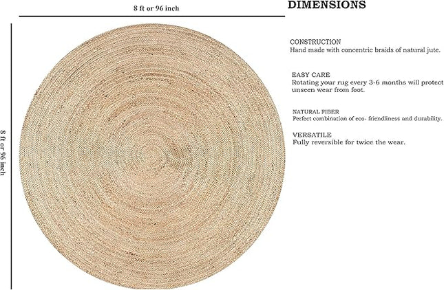 FRELISH DECOR Handwoven Jute Area Rug - 8 feet Round - Natural Yarn - Rustic Vintage Beige Braided Reversible Rug - Eco Friendly Rugs for Bedroom - Kitchen - Living Room - Farmhouse (8' Round)