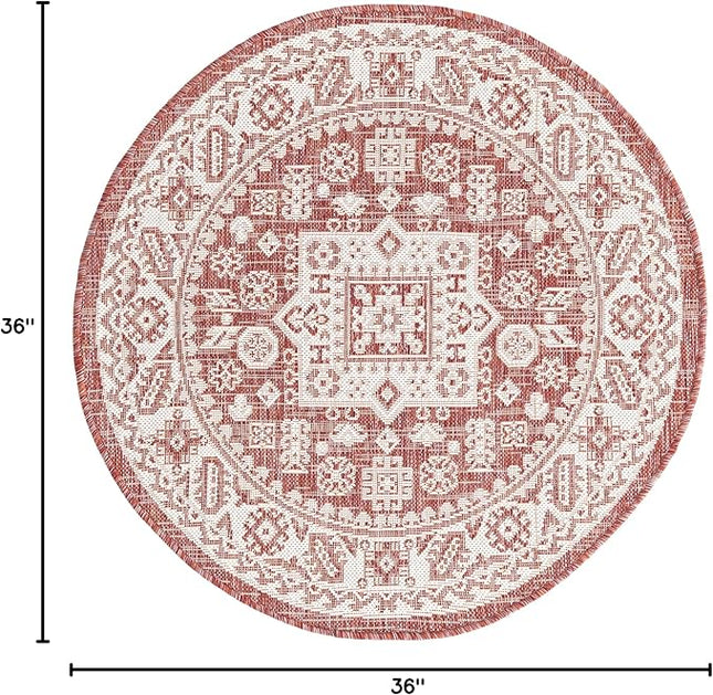 Rugs.com Outdoor Aztec Collection Rug – 3 Ft Round Rust Red Flatweave Rug Perfect for Kitchens, Dining Rooms