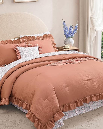 King Comforter Set - 7 Pieces Ruffle Autumn Leaf Bedding Sets, Shabby Chic Farmhouse Bed in a Bag King with Ruffle Comforter, Floral Sheets, Pillowcases & Shams