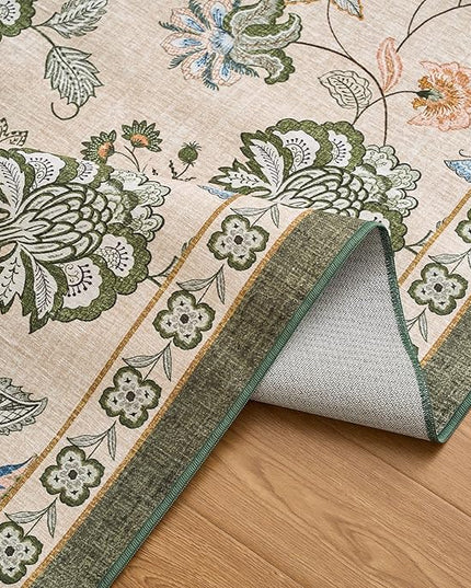 jinchan Elora 6ft Floral Round Rug for Washable Living Room Rug Vintage Romance Christmas Design Non Slip Indoor Floor Cover Lightweight Low-Profile Throw Carpet for Bedroom Patio, Green/Beige