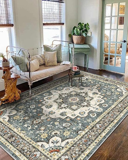 Washable Oriental Area Rug - 3x5 Rugs for Living Room Soft Carpet for Bedroom Waterproof Floral Distressed Indoor Stain Resistant Non-Shedding Floor Carpets (Blue, 3X5)