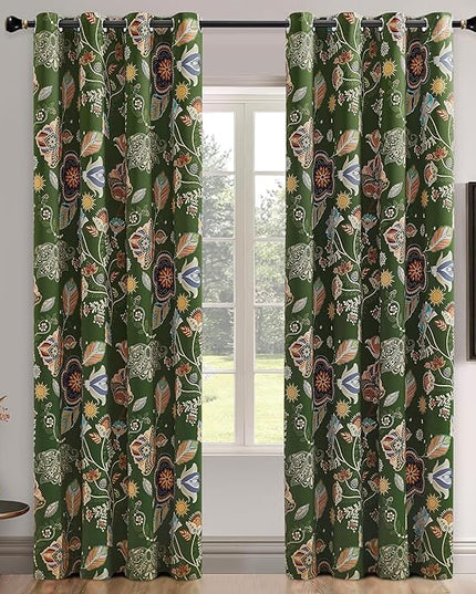 XiDi Green Floral Curtains 102 Inches Long 2 Panels Vintage Patterned Blackout Curtains for Living Room Thermal Insulated Grommet Luxury Cottage Core Botanical Printed Drapes Moss Green 52x102