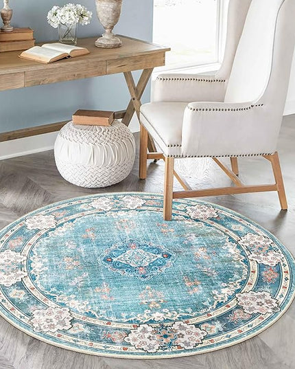 MUJOO Teal Round Rug 4ft,Circle Washable Area Rugs for Bedroom Living Room Bathroom,Boho Small Non Slip Circular Carpet,Floral