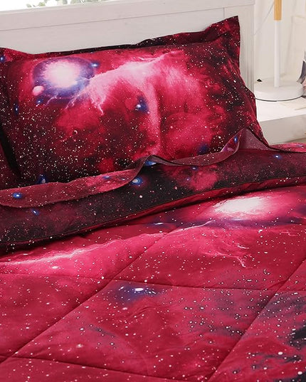 Wowelife Galaxy Bedding Set for Kids - 5-Piece Full, Red, 3D Comforter Set, Soft Kids Bedding