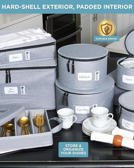 Hard Shell China Storage Containers 8-Piece Set Moving Boxes for Dinnerware, Glasses, Plates, Mugs and Saucers Sturdy Dish Organizer with Dividers for Seasonal Storage - Service for 12 - Gray
