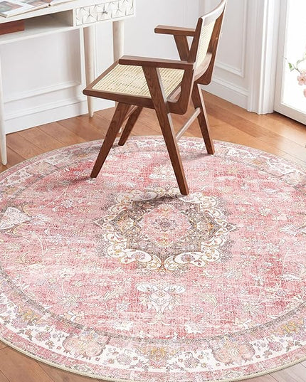 Pink Round Rug 4ft, Circle Washable Area Rugs for Bedroom Bathroom Entryway Kitchen, Small Boho Vintage Bohemian Distressed Oriental Floral Carpet Non Slip,Blush Floral Flowers