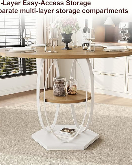 Round Dining Table for 4, 3-Tier Dinner Room Tables with Storage Shelf, Space Saving Small Kitchen Table, Farmhouse Dinner Table with Wooden Tabletop and Hexagonal Base (Wood, 42inch)