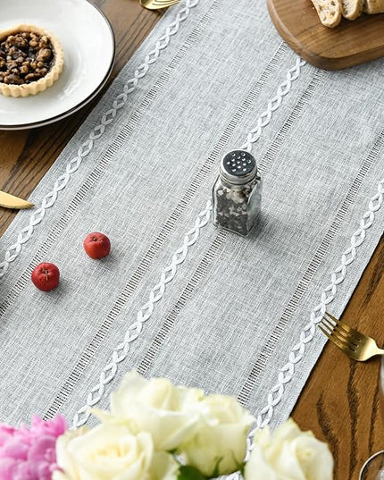 Artoid Mode Grey Rustic Cotton Linen Table Runner, Seasonal Embroidered Hollow Kitchen Dining Table Decoration for Home Party Decor 13x60 Inch