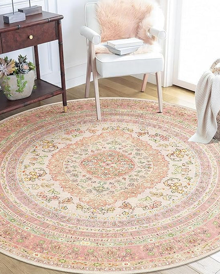 Round Area Rugs 5ft Washable,Pink Rug for Living Room Bedroom Dining Room,Circle Boho Vintage Bohemian Distressed Farmhouse Carpet Non Slip,Blush Floral