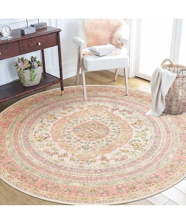 Round Area Rugs 5ft Washable,Pink Rug for Living Room Bedroom Dining Room,Circle Boho Vintage Bohemian Distressed Farmhouse Carpet Non Slip,Blush Floral