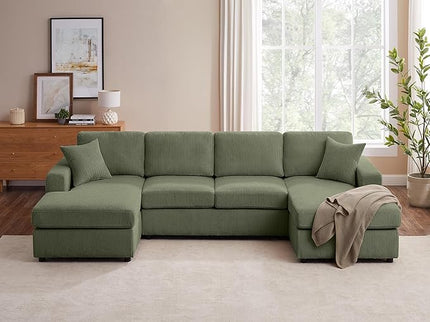 VANOMi 118'' U Shaped Sectional Sofa Couch, Corduroy Fabric Modern Cozy Jumbo Size 4-Seater Living Room Couch, Double Chaise Longue, Olive