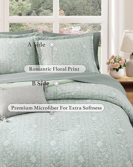King Comforter Set -7 Pieces Green Floral Comforter Set for All Seasons, Bed in a Bag King with Botanical Flowers Comforter, Sheets, Pillowcases & Shams