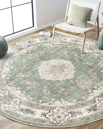 MUJOO Green Round Rug 6ft,Circle Washable Area Rugs for Bedroom Living Room Bathroom,Boho Large Non Slip Circular Carpet,Sage Floral