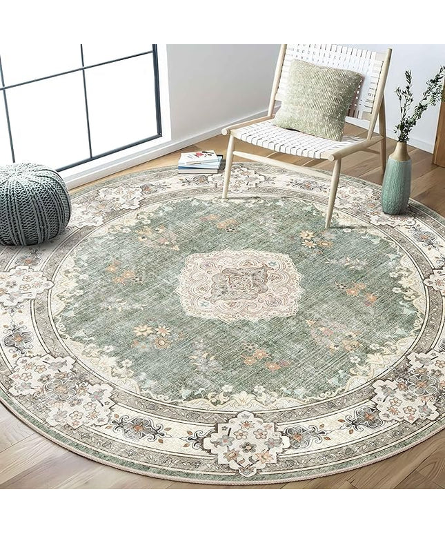 MUJOO Green Round Rug 6ft,Circle Washable Area Rugs for Bedroom Living Room Bathroom,Boho Large Non Slip Circular Carpet,Sage Floral