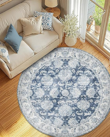 jinchan Fiora Round Rug 6ft Area Rug - Dark Blue Vintage Floor Mat Indoor Ultra-Thin Soft Floral Print - Washable Circle 6' Retro Accent for Farmhouse Non Slip Dining Room Living Room Bedroom Office