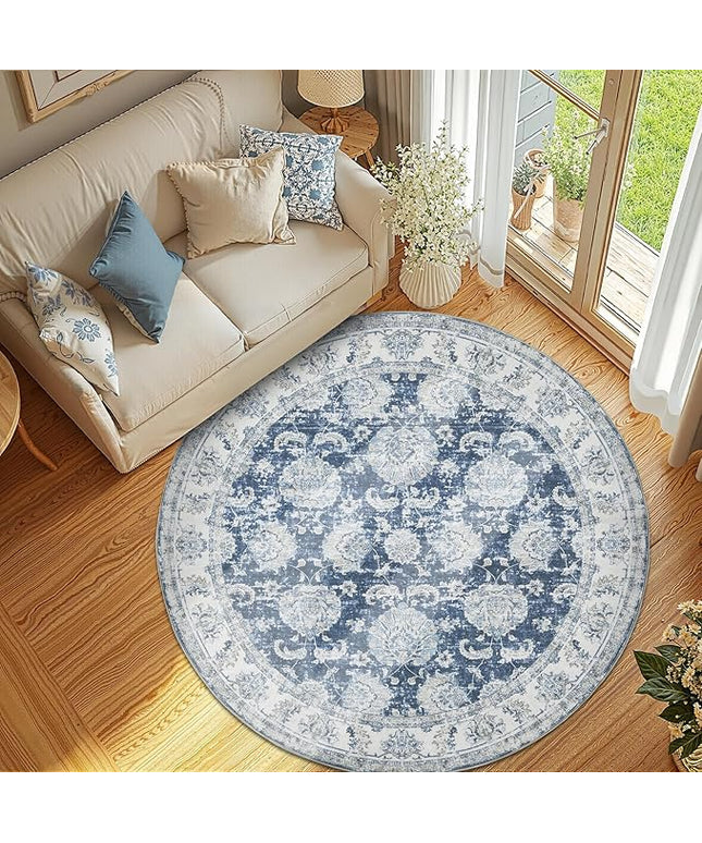 jinchan Fiora Round Rug 6ft Area Rug - Dark Blue Vintage Floor Mat Indoor Ultra-Thin Soft Floral Print - Washable Circle 6' Retro Accent for Farmhouse Non Slip Dining Room Living Room Bedroom Office
