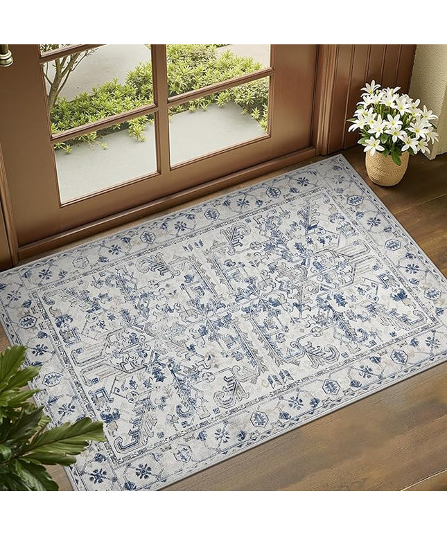 jinchan Lima 2x3 Entryway Washable Rug - Non-Slip Indoor Distressed Doormat Small Rug Low Pile Ultra-Thin Accent Floral Print Indoor Mat for Entrance Kitchen Bathroom Bedroom (2x3ft, Blue)