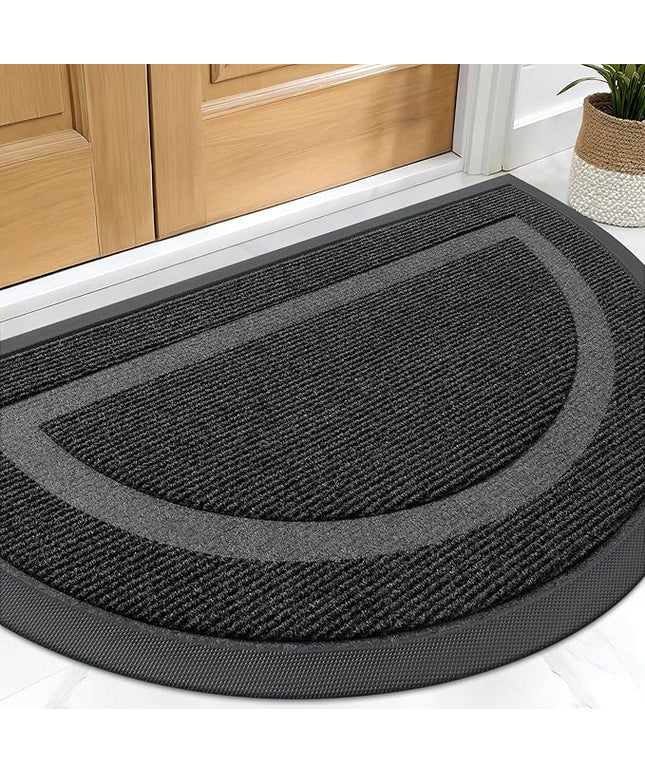 OLANLY Half Circle Door Mat Indoor Outdoor Entrance Welcome, Waterproof All-Season, All-Weather Doormat, Sturdy Natural Rubber, Low Profile, Easy Clean Patio Porch Entryway Mat, 29.5x17, Black