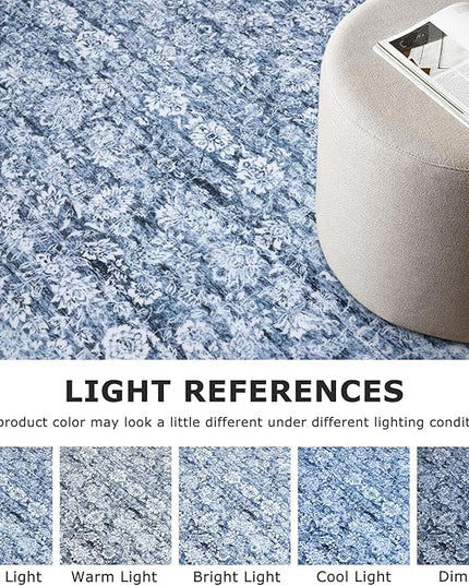 4x6 Washable Rug Blue Small Area Rug for Entryway Soft Non-Slip Indoor Door Rugs Distressed Floral Low-Pile Doormat, Neutral Vintage Carpet for Entrance Kitchen Bedside Farmhouse