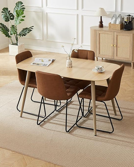 Modern 4-Piece Dining Table Set for 4 | 55-Inch Wood Kitchen Table & 4 Brown Leather Chairs | Space-Saving Dining Set for Small Spaces, Breakfast Nook, Dining Room