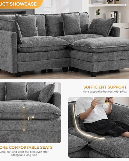 76'' Cloud Deep Seat Loveseat Sofa, Upholstered Chenille Modular 2-Seats Sectional Sofa Couch with Movable Ottoman, Modern Comfy Settee Loveseat for Living Room Set, Small Apartment, Grey