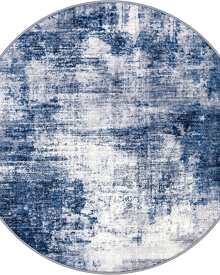 IOHOUZE Abstract Round Area Rug 8 Ft Washable Circle Rugs Large Round Rug Non Slip Thin Soft Circle Rugs, Printed Faux Wool Floor Carpet for Bedroom Living Room Dining Room Nursery, Navy/Grey