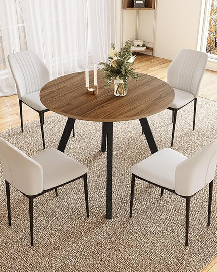 34.6'' Round Dining Table and Chairs for 4 Space Saving for Apartment Kitchen Dining Room (Walnut Table+4 White Chairs)