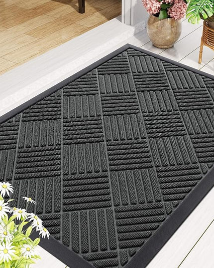 Smiry Front Door Mat Outside Entrance, Heavy Duty Outdoor Indoor Natural Rubber Doormat, Non Slip, Trap Dirt and Moisture, Easy Clean, Low Profile Patio Porch Entryway Mat, 29.5x17, Black