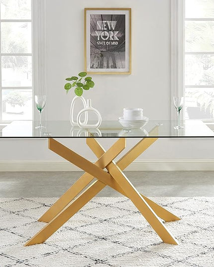 Edwin's Choice 58.5” Rectangle Glass Dining Table, Tempered Glass Table Top and Metal Tubular Legs, Modern Style Table for Home, Kitchen, Dining Room 58.5”Lx29”Wx30”H, Gold