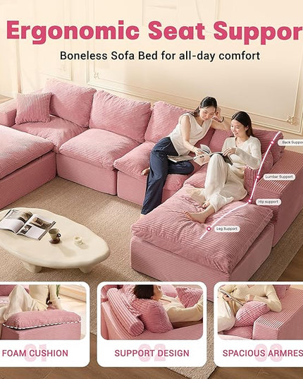 137.8” Sectional Couches for Living Room, Cloud Couch, Modular Sectional Sofa, Convertible Sofas Bed, Deep Seat Sofa, U Shaped Cozy Sofa Furniture Set, Corduroy, Pink