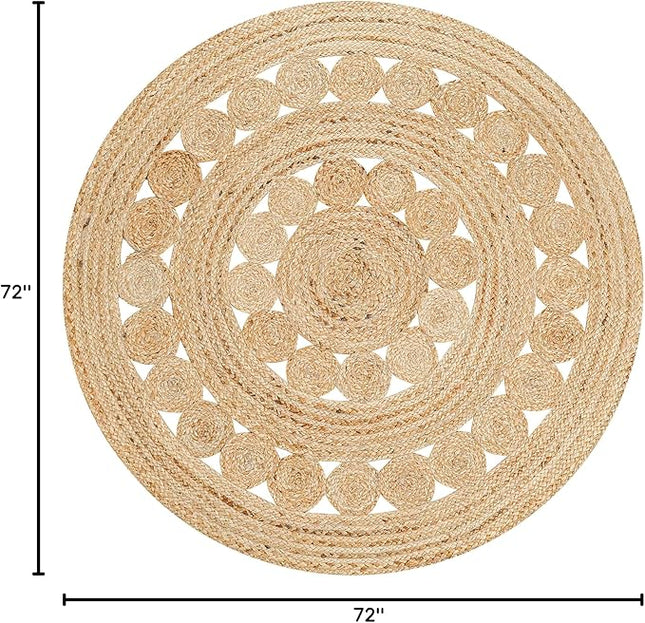 Hand Woven Jute Area Rug - 6' Round - Rustic Beige Reversible Farmhouse Rugs for Bedroom, Kitchen, Living Room - Vintage Natural Braided Entry Floor Décor Circle Boho Round Jute Rug 6 Foot