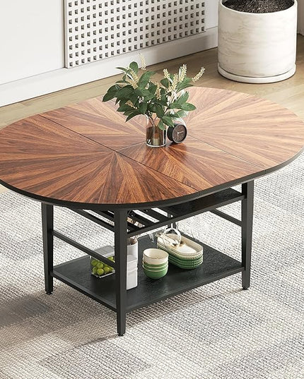 VFK 47.2"-63" Extendable Round Dining Table Set for 4–6, Solid Wood & Metal Table with Wine Rack Storage Shelf, Walnut Kitchen & Dining Room Furniture (1 Storage Table)