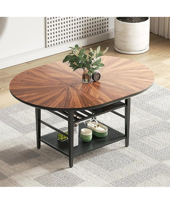 VFK 47.2"-63" Extendable Round Dining Table Set for 4–6, Solid Wood & Metal Table with Wine Rack Storage Shelf, Walnut Kitchen & Dining Room Furniture (1 Storage Table)