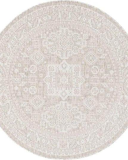 Rugs.com Outdoor Aztec Collection Rug – 5 Ft Round Light Gray Flatweave Rug Perfect for Kitchens, Dining Rooms