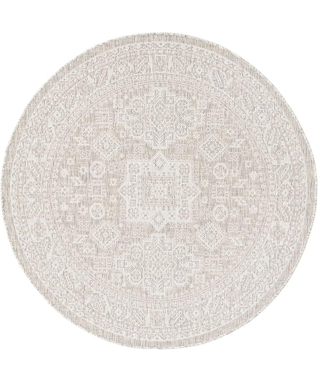 Rugs.com Outdoor Aztec Collection Rug – 5 Ft Round Light Gray Flatweave Rug Perfect for Kitchens, Dining Rooms