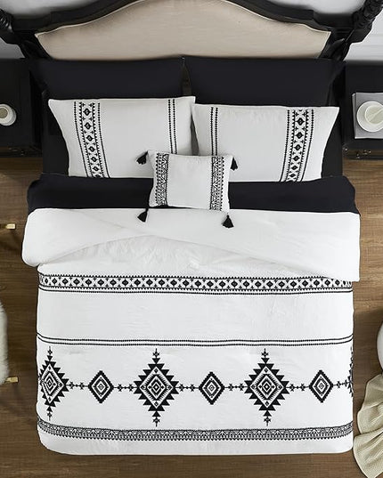 MaiRêve Embroidery Comforter Set, Boho Farmhouse Western Bedding Set, All Season Bed in A Bag Comforter Set with Sheets, Pillowcases & Shams, White California King 7 Pieces