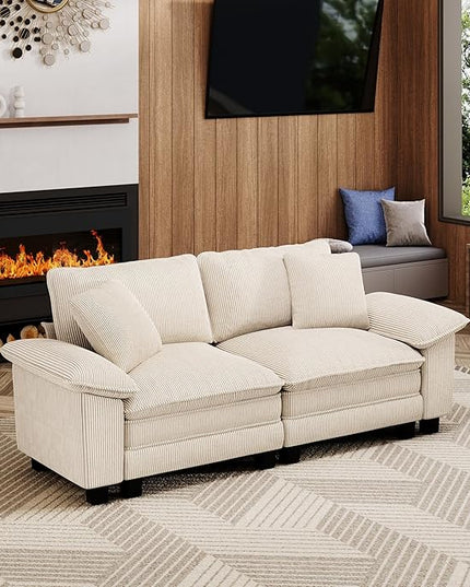 87" Cloud Modular Sectional Loveseat, 2-Seater w/Deep Seat & Removable Arms, Plush Corduroy for Small Living Room & Apartment - Beige