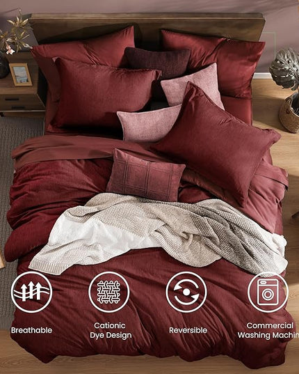 Monbix Queen Comforter Set Red, Cationic Dyeing Reversible Bedding Set 7 Pieces, All Season Bed in a Bag with Sheets, Pillowcases & Shams
