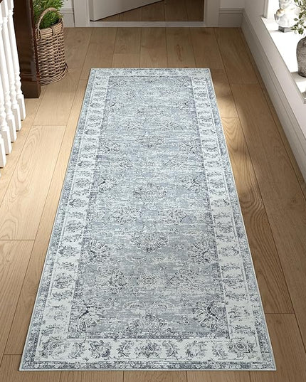 jinchan Fiora Runner Rug 2x5 Washable Hallway Runner- Vintage Floral Non Slip Low-Pile Soft Thin Kitchen Rug Distressed Carpet for Farmhouse Bedroom Entryway Laundry Room(2x5ft, Grey)