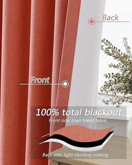 Guken 100% Blackout Curtains 108 Inch Length 2 Panels Set for Living Room Bedroom Back Tab Thermal Insulated Black Out Linen Drapes Room Darkening Coral,52x108