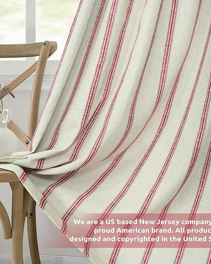 DriftAway Farmhouse Linen Blend Blackout Curtains 84 Inches Long for Bedroom Vertical Striped Printed Linen Curtains Thermal Insulated Lined Treatments for Living Room 2 Panels W52 x L84 Linen Red