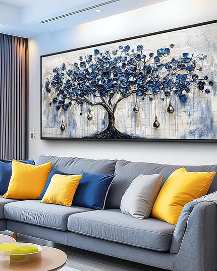 XIGUANGART Tree of Life Large Wall Art Watercolor Blue Farmhouse Framed Artwork Tree & bell Canvas Prints Pictures Modern Abstract Paintings Wall Decor for Living Room Bedroom Home Office Decoration
