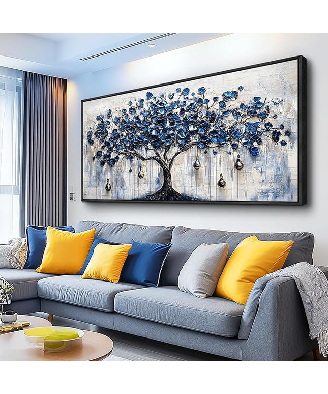 XIGUANGART Tree of Life Large Wall Art Modern Abstract Paintings Watercolor Blue Farmhouse Framed Artwork Tree & bell Canvas Prints Pictures Wall Decor for Living Room Bedroom Home Office Decoration