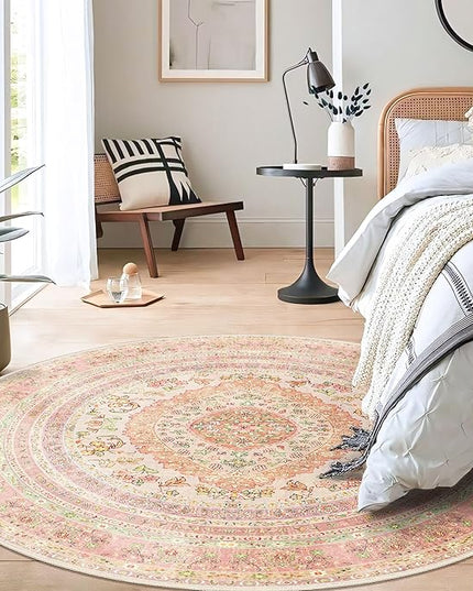 Round Area Rugs 5ft Washable,Pink Rug for Living Room Bedroom Dining Room,Circle Boho Vintage Bohemian Distressed Farmhouse Carpet Non Slip,Blush Floral