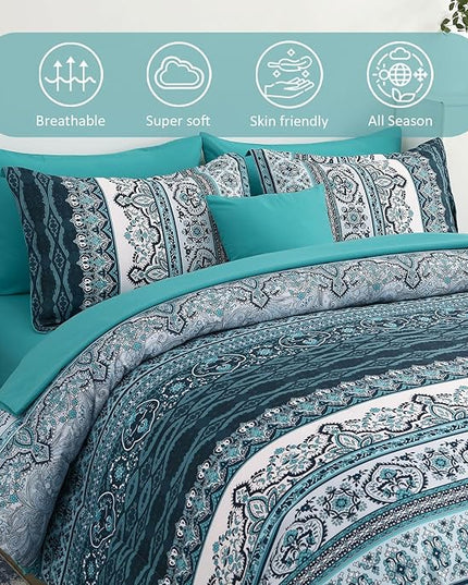 Cottolester Boho Queen Comforter Set 8 Pieces, Teal Comforter Bohemian Striped Bed in A Bag,Soft Microfiber Bedding Set for All Seasons