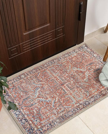 GLN Rugs Traditional Collection - Machine Washable Area Rug, Traditional Washable, Non Slip, Low Pile Chenille Rug, Living Room, Bedroom, Kitchen Rug (2'x3' Terra Cotta)