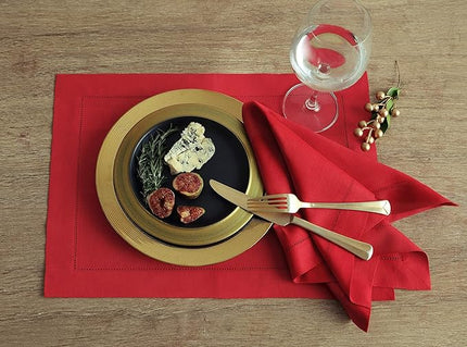 Solino Home Red Linen Napkins Set of 4-100% Pure Linen Hemstitch Dinner Napkins 20 x 20 Inch for Christmas, Holiday, Winter, New Year - Classic Hemstitch